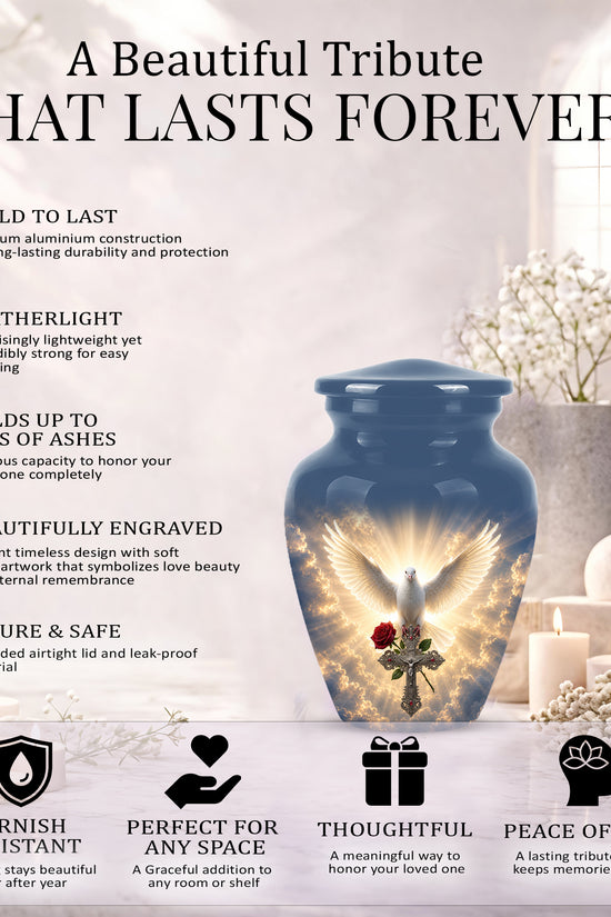 White Dove Bird With Rose - Blue Memorial Urns For Human Ashes