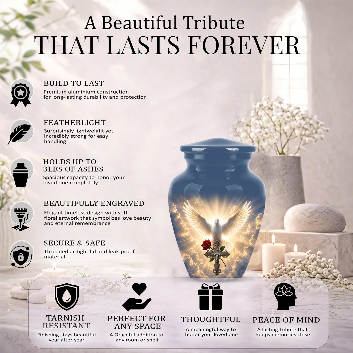 White Dove Bird With Rose - Blue Memorial Urns For Human Ashes