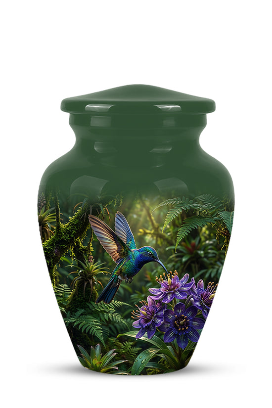 Flying Hummingbird Themed Urn - Beautiful Purple Flower Cremation Urns