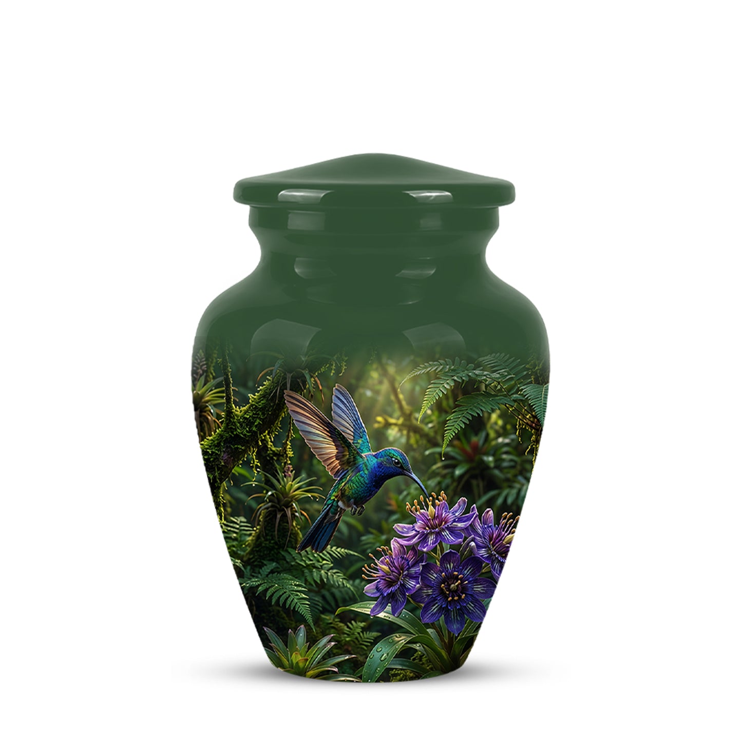 Flying Hummingbird Themed Urn - Beautiful Purple Flower Cremation Urns