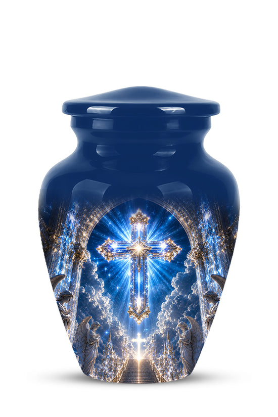 Heavenly Cross Cremation Urn – Blue Memorial Urn For Human Ashes