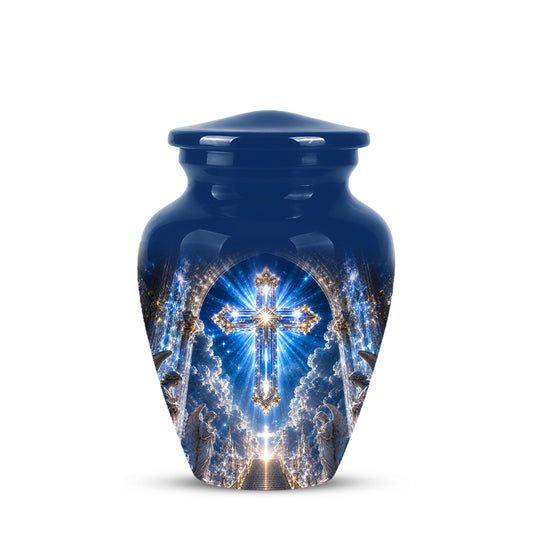 Heavenly Cross Cremation Urn – Blue Memorial Urn For Human Ashes