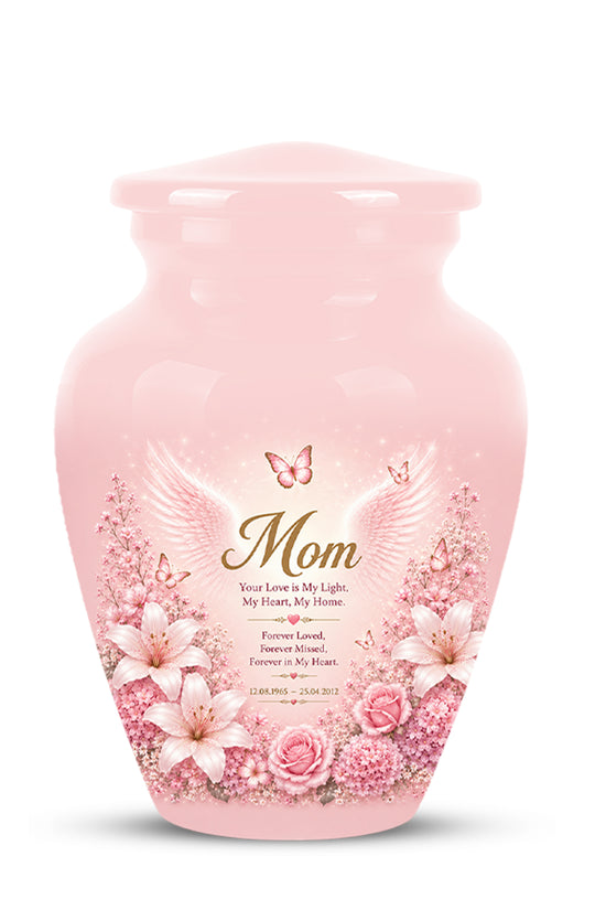 Angel Wings Funeral Urn for Mom – Pink Aluminium Burial Urn for Human Ashes