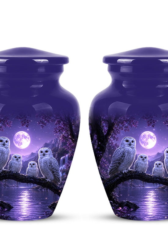 Snowy Owl Family Themed Cremation Urn - Purple Moonlight Memorial Urns