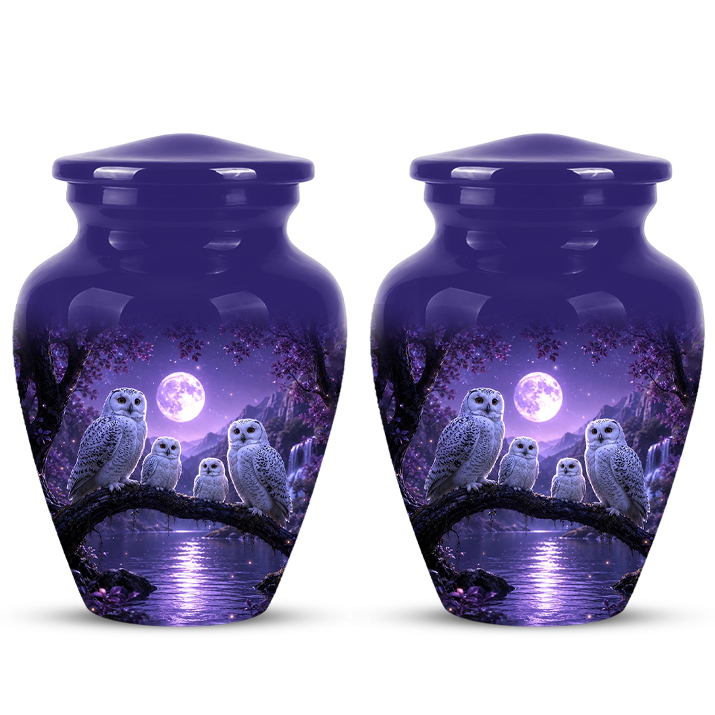 Snowy Owl Family Themed Cremation Urn - Purple Moonlight Memorial Urns