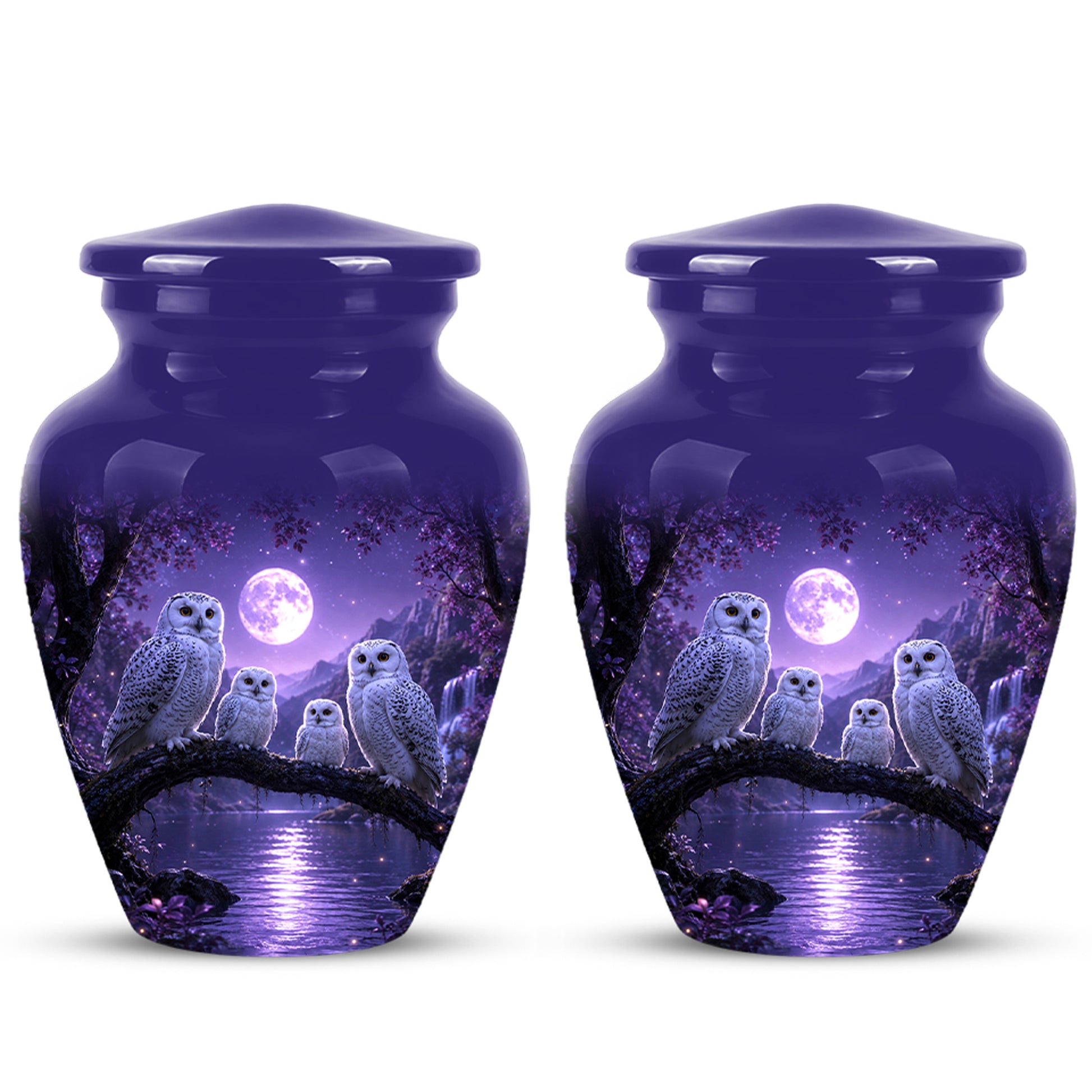 Snowy Owl Family Themed Cremation Urn - Purple Moonlight Memorial Urns