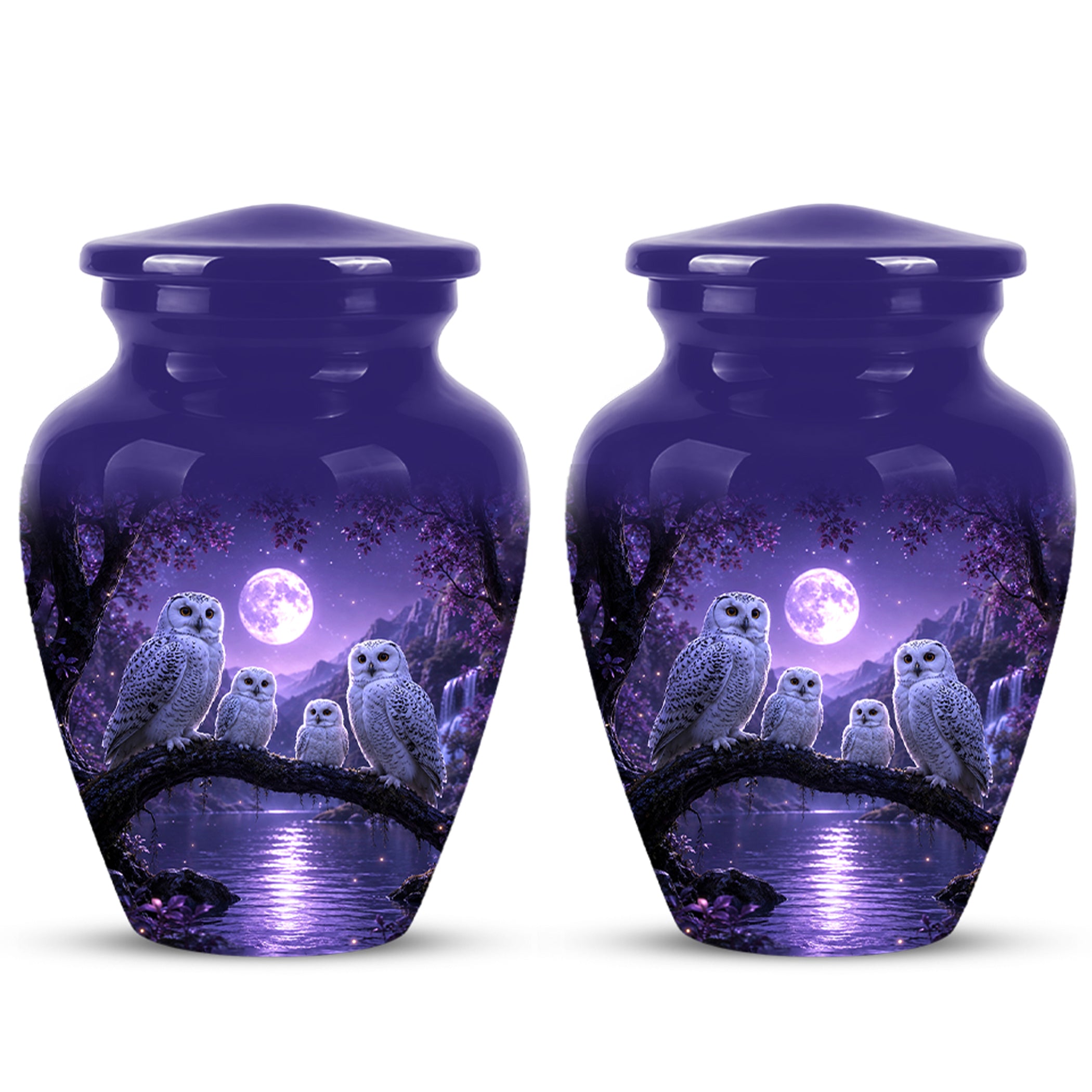 Snowy Owl Family Themed Cremation Urn - Purple Moonlight Memorial Urns