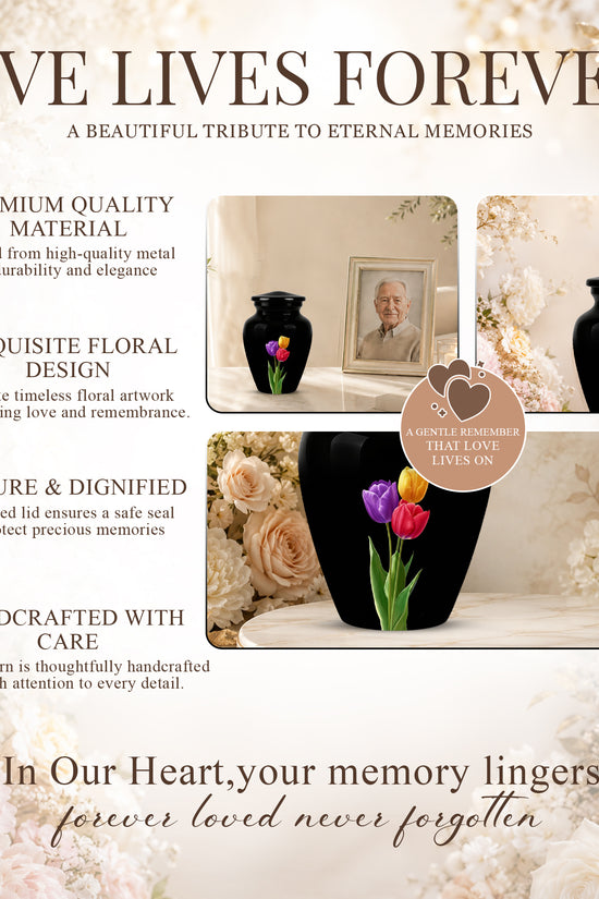 Colorful Tulips Flower Cremation Urn - Personalized Black Urns On Sale