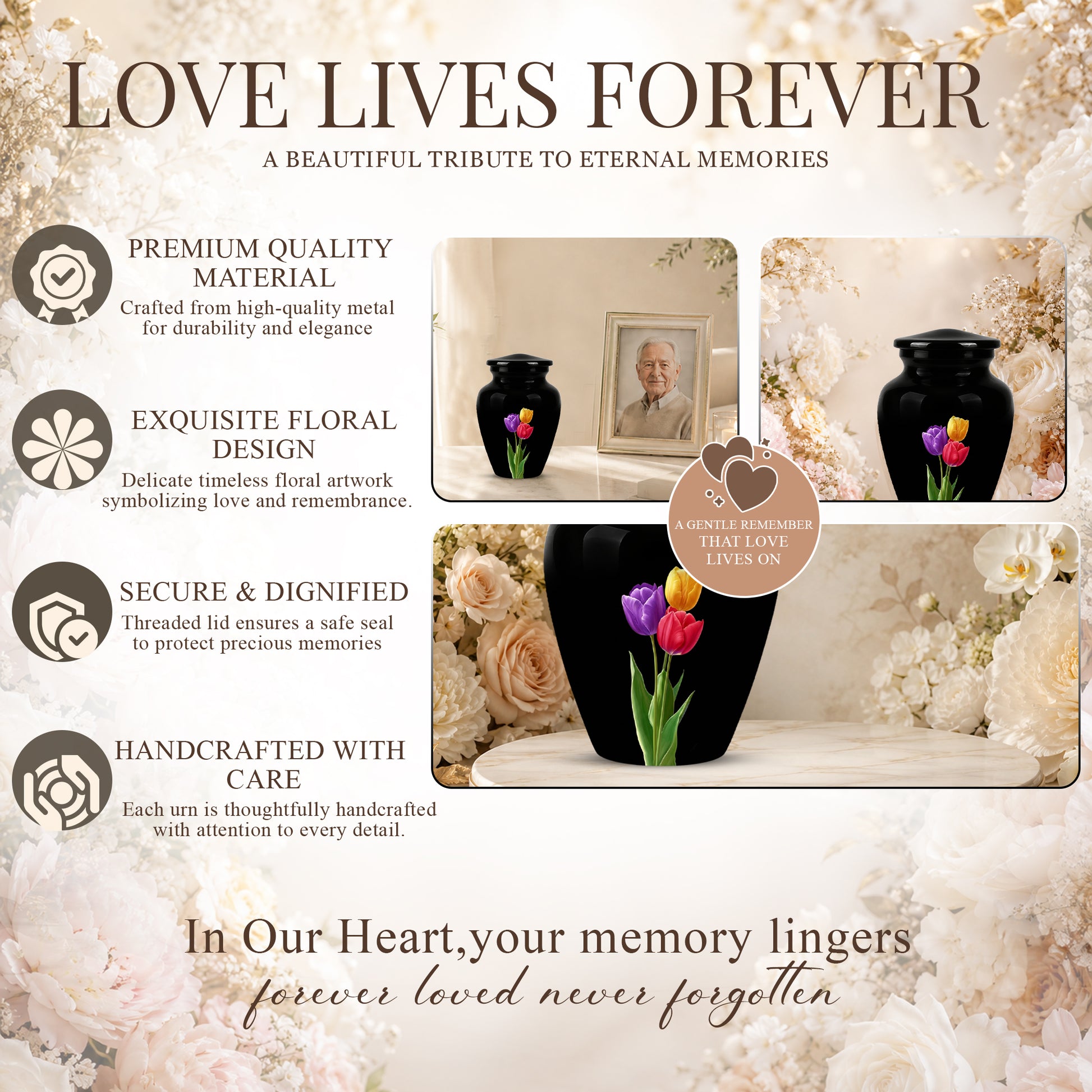 Colorful Tulips Flower Cremation Urn - Personalized Black Urns On Sale