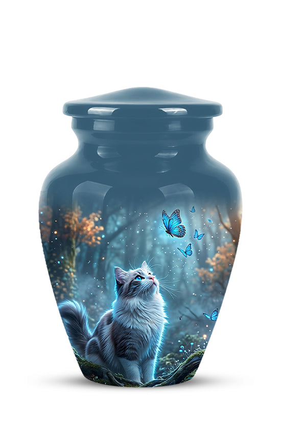 White Cat With Flying Butterfly - Custom Handcrafted Urns For Humans