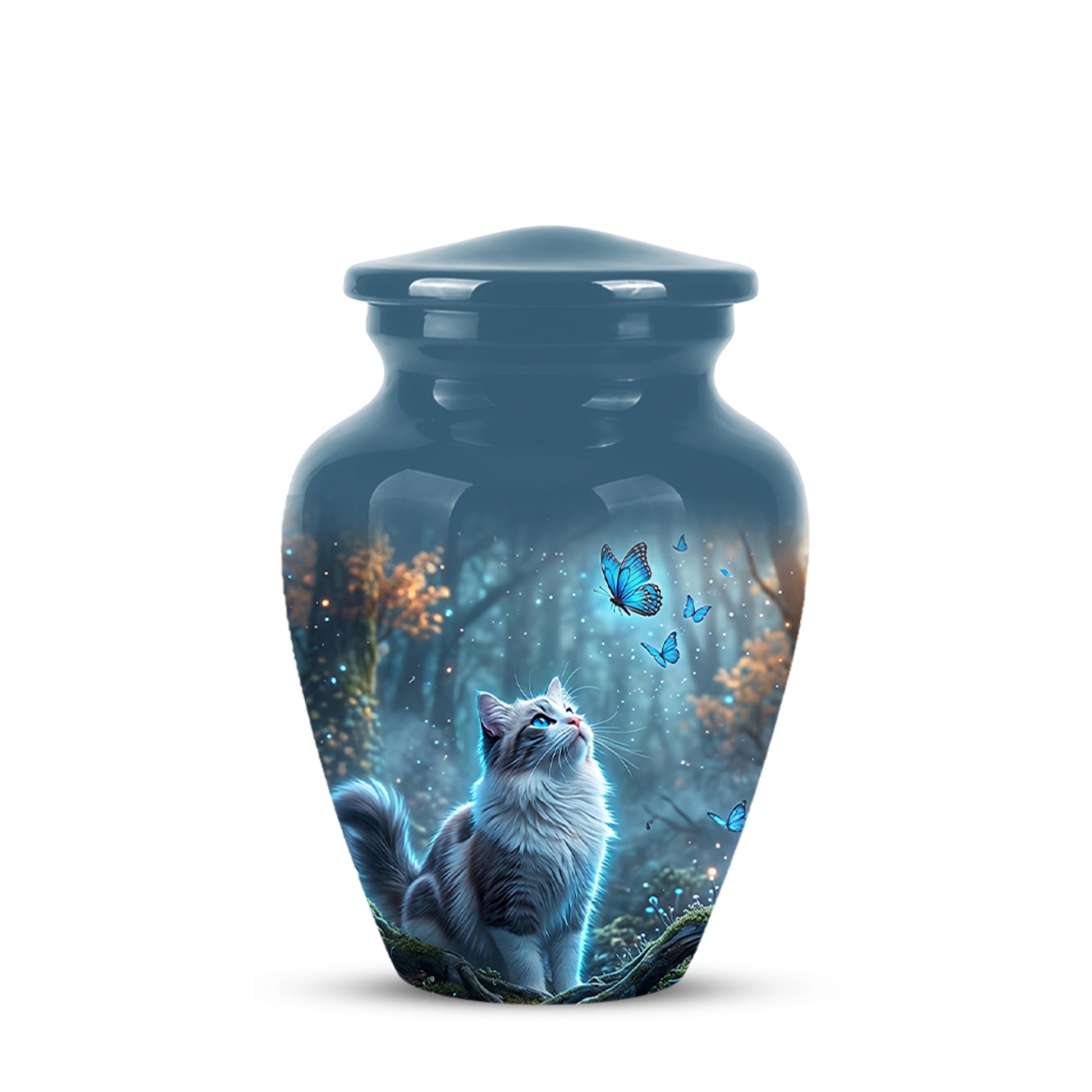 White Cat With Flying Butterfly - Custom Handcrafted Urns For Humans