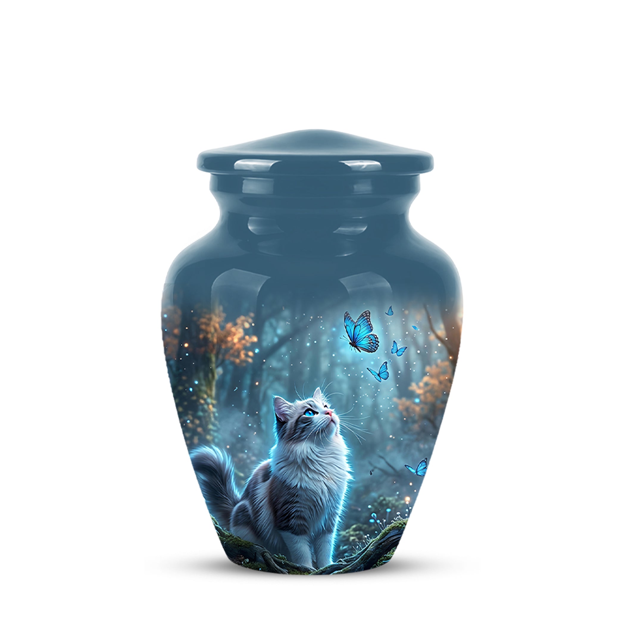 White Cat With Flying Butterfly - Custom Handcrafted Urns For Humans
