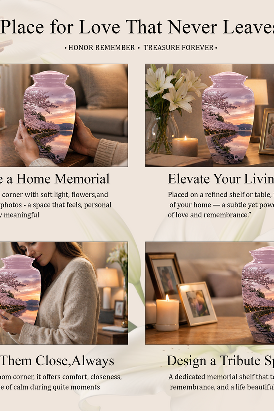 Pink Spring Tree Cremation Urns - Beautiful Nature Sunset Burial Urns