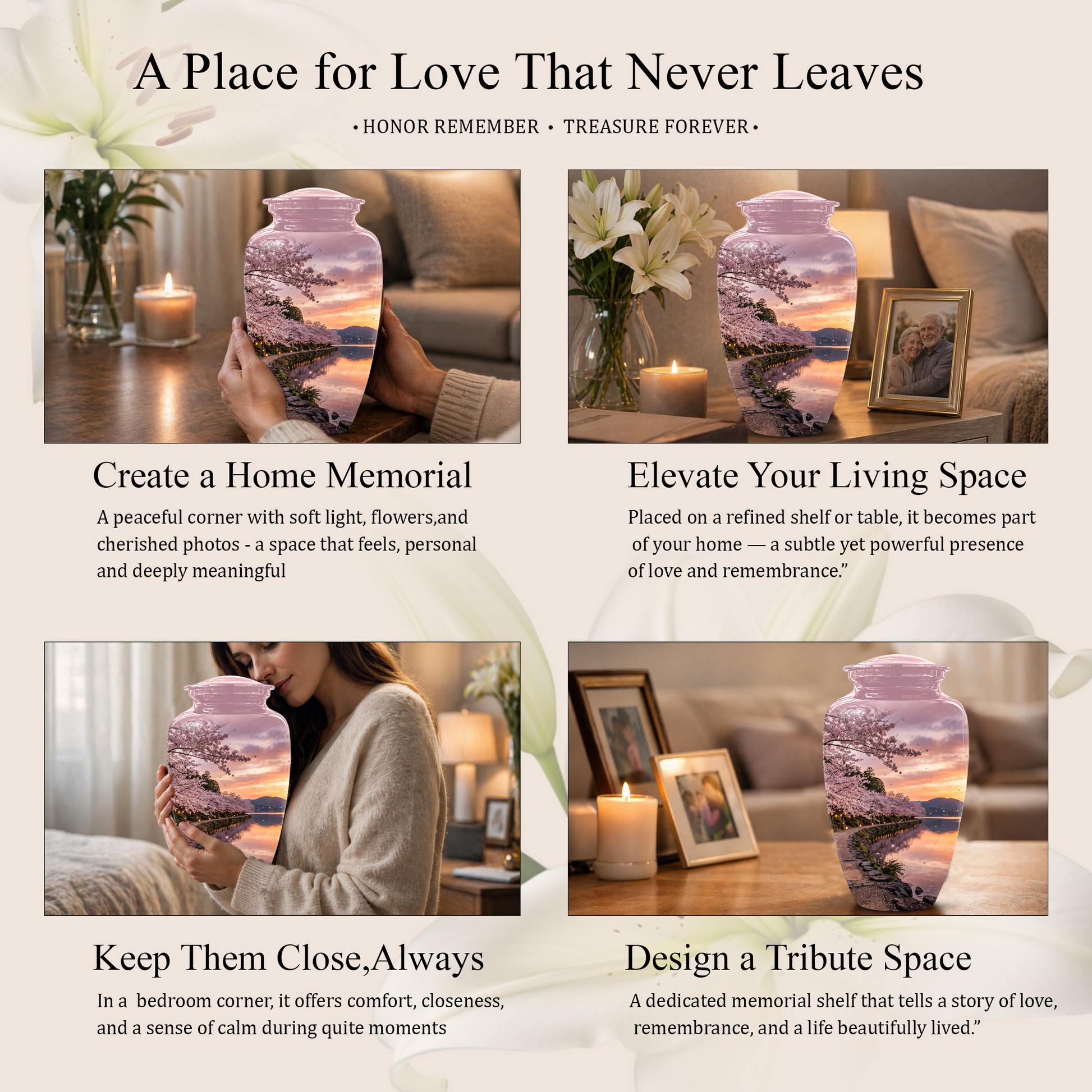 Pink Spring Tree Cremation Urns - Beautiful Nature Sunset Burial Urns