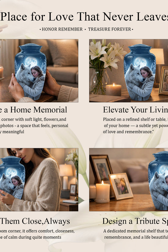 Moonlit White Wolf Cremation Urn for Ashes | Personalized Memorial