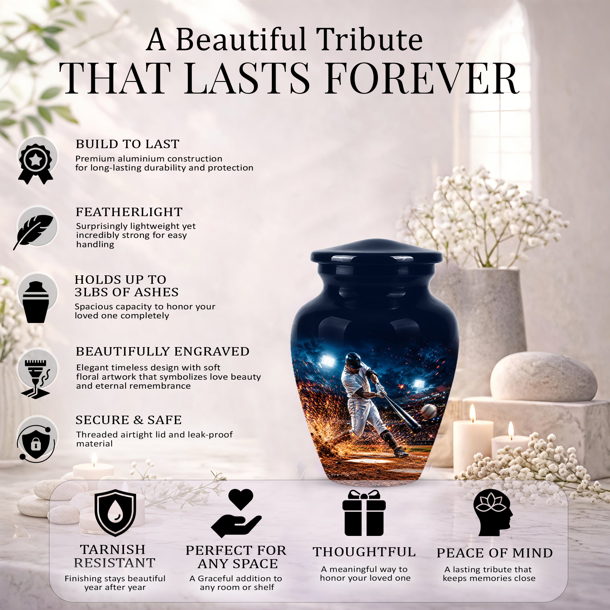 Elegant Baseball Funeral Urn - Decorative Burial Urns For Human Ashes