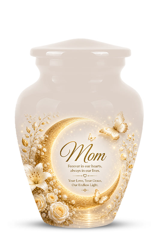Floral Memorial Urn for Mom – White Aluminium Cremation Urn for Ashes