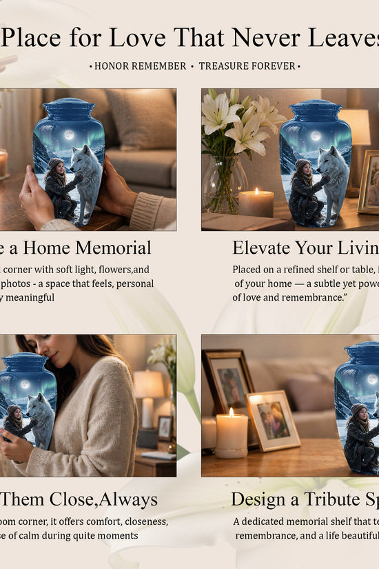 Snowy Moonlit White Wolf Urn for Ashes | Custom Memorial Urn