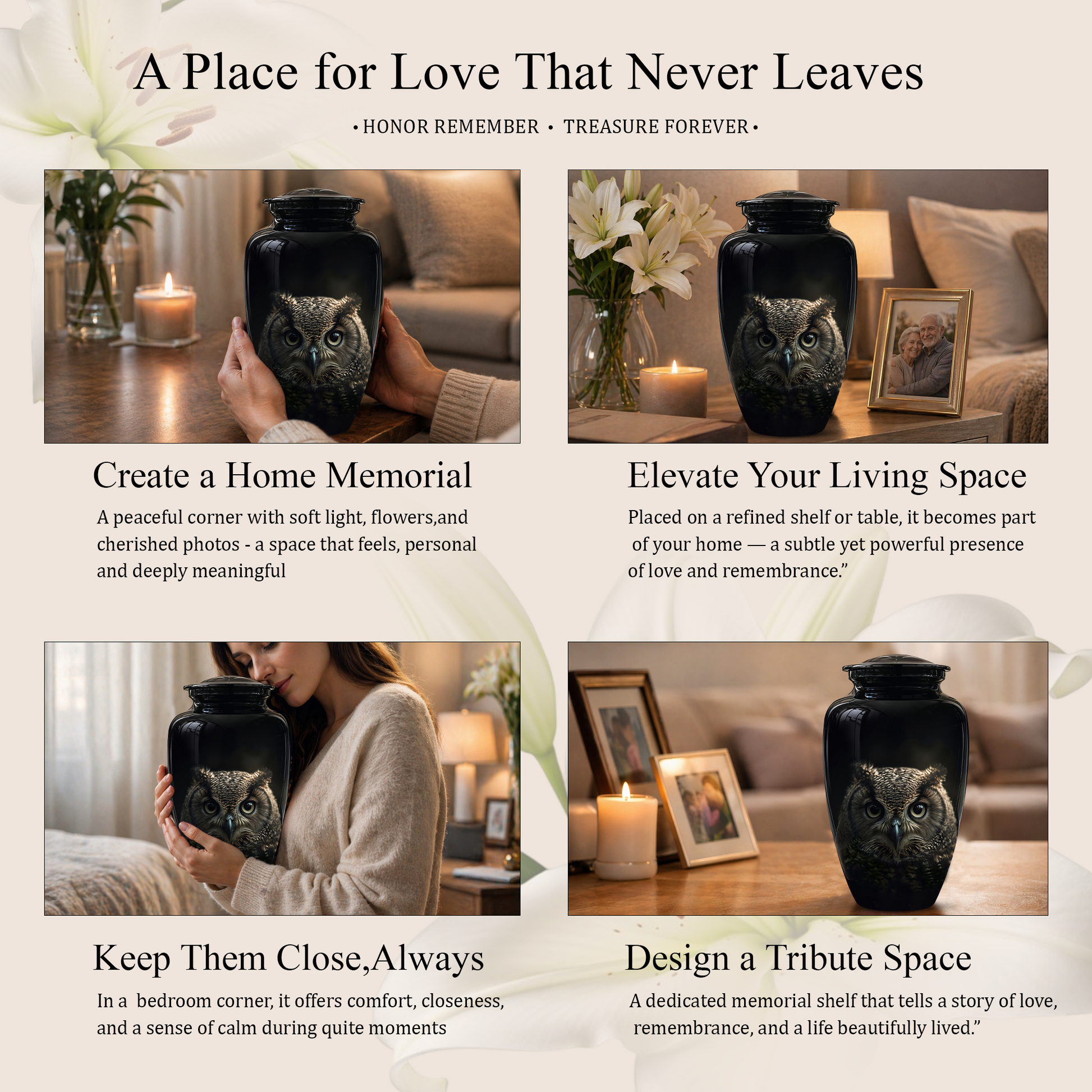 Owl Cremation Urns For Human Ashes - Black Burial Urns For Dad