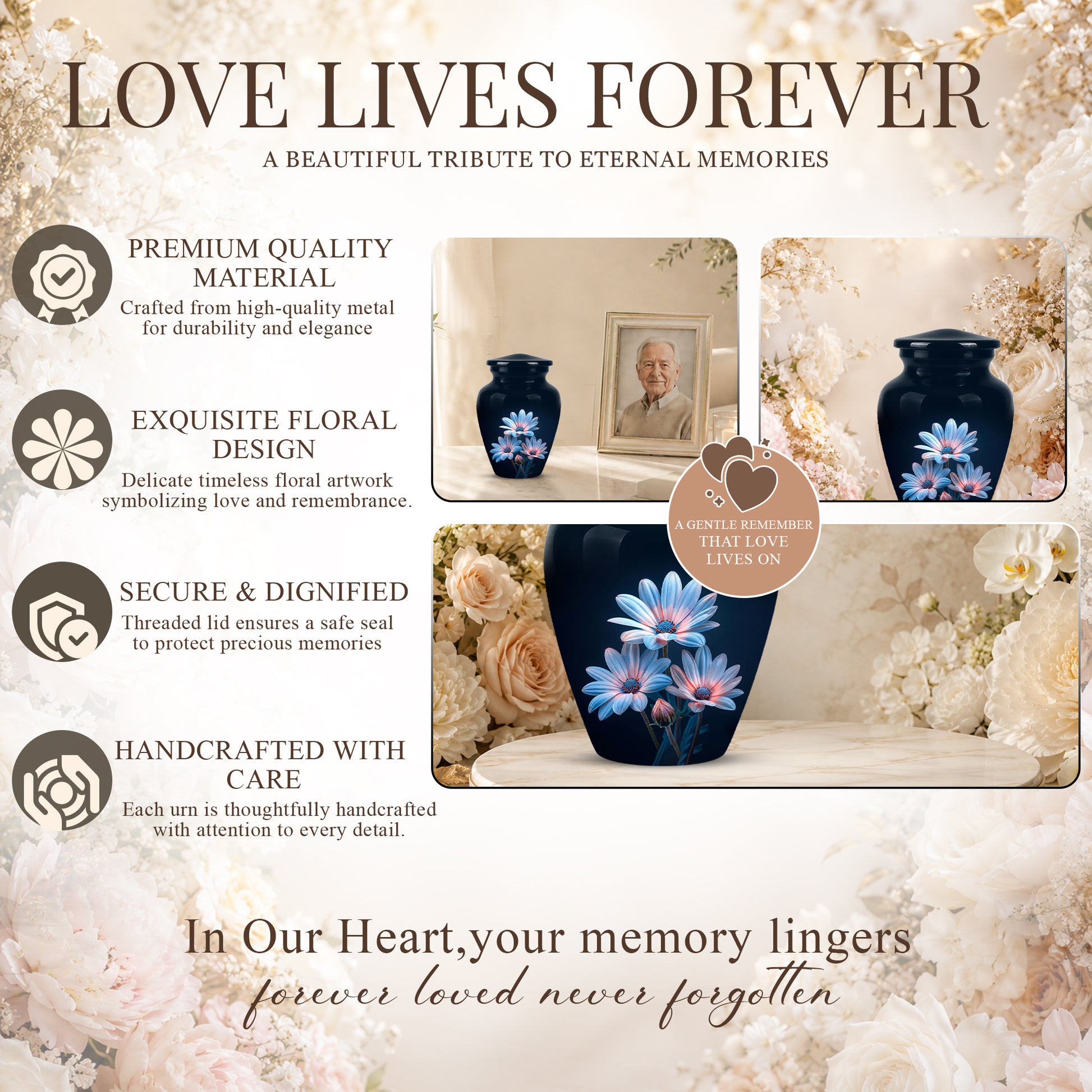 Blue Flower Memorial  Urn - Beautifully Crafted Urns To Tribute Ashes