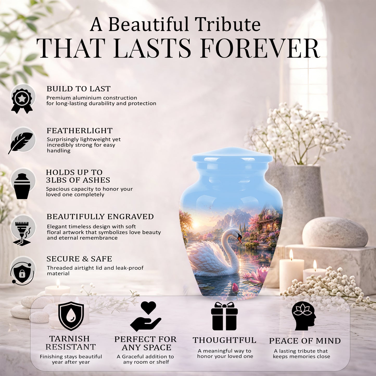 White Swan Themed Urn - Beautiful Custom Memorial Urns For Men & Women