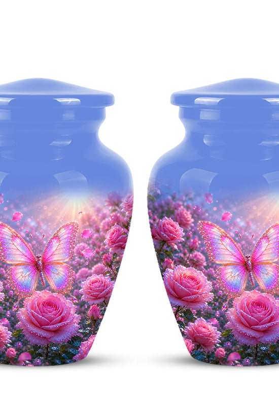 Pink Butterfly On Flower Funeral Urn - Handcrafted Urns For Mom Ashes