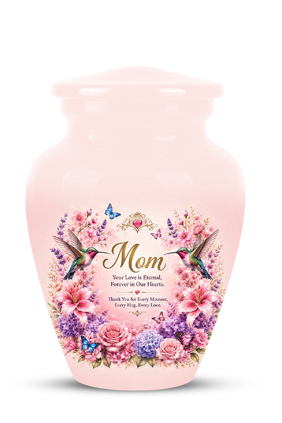 Hummingbird Floral Memorial Urn for Mother – Pink Aluminium Cremation Urn for Loved ones