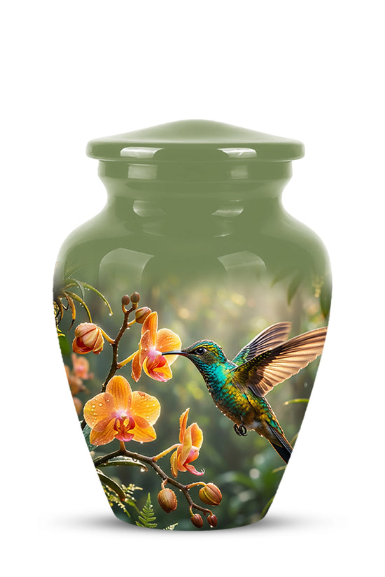 Colorful Hummingbird Urn - Green Cremation Urn For Nature Lovers Ashes