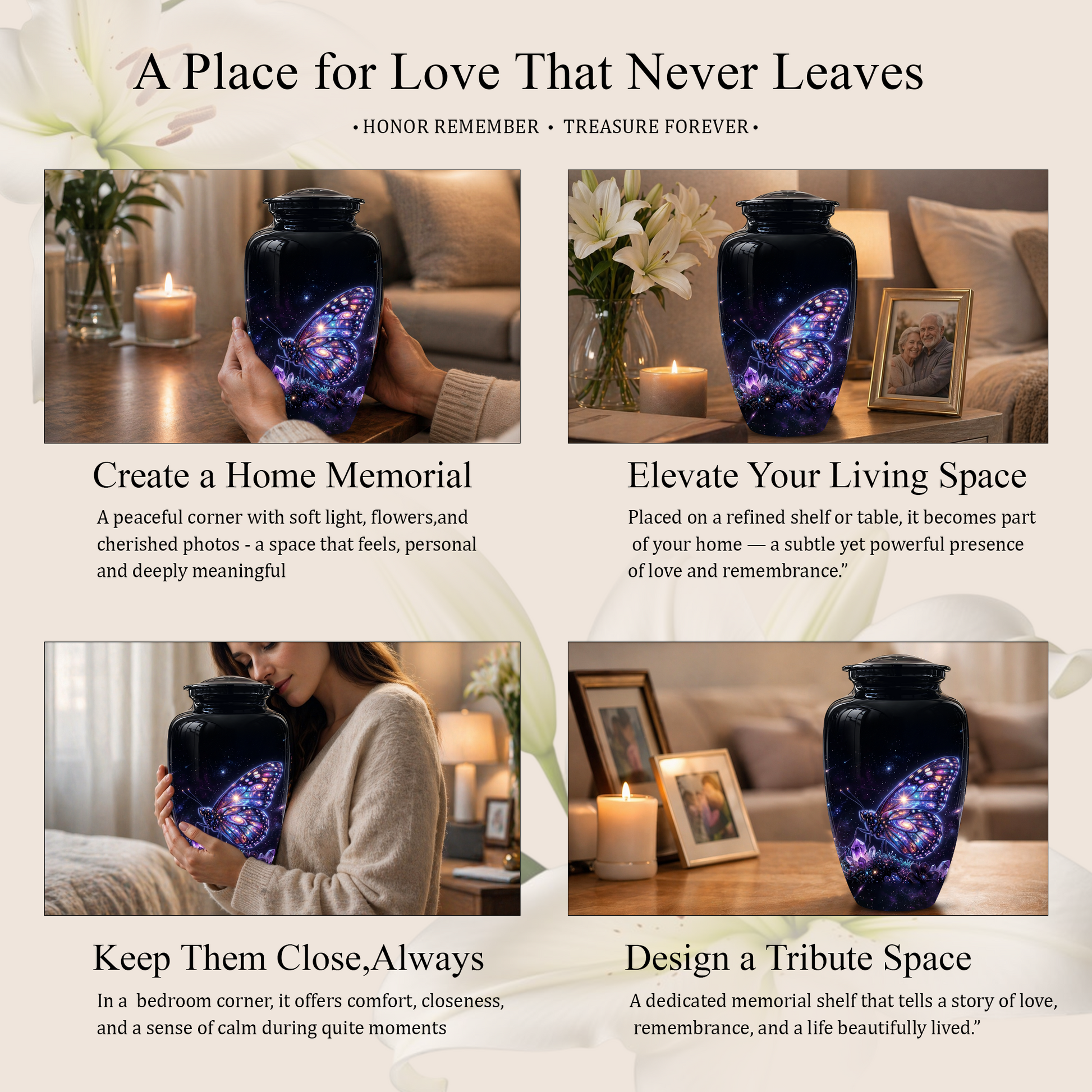 Purple Butterfly Cremation Urn - Beautiful Black Urns For Human Ashes