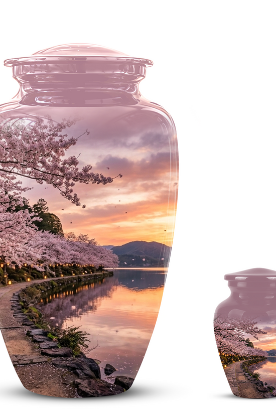 Pink Spring Tree Cremation Urns - Beautiful Nature Sunset Burial Urns