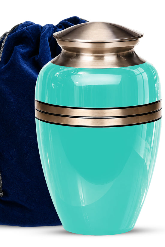 Aqua Blue Memorial Urn for Adult Human Ashes | 10 Inch Aluminum Urn