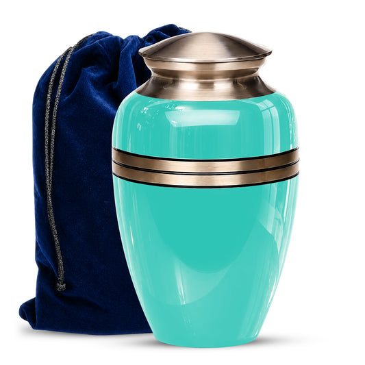 Aqua Blue Memorial Urn for Adult Human Ashes | 10 Inch Aluminum Urn