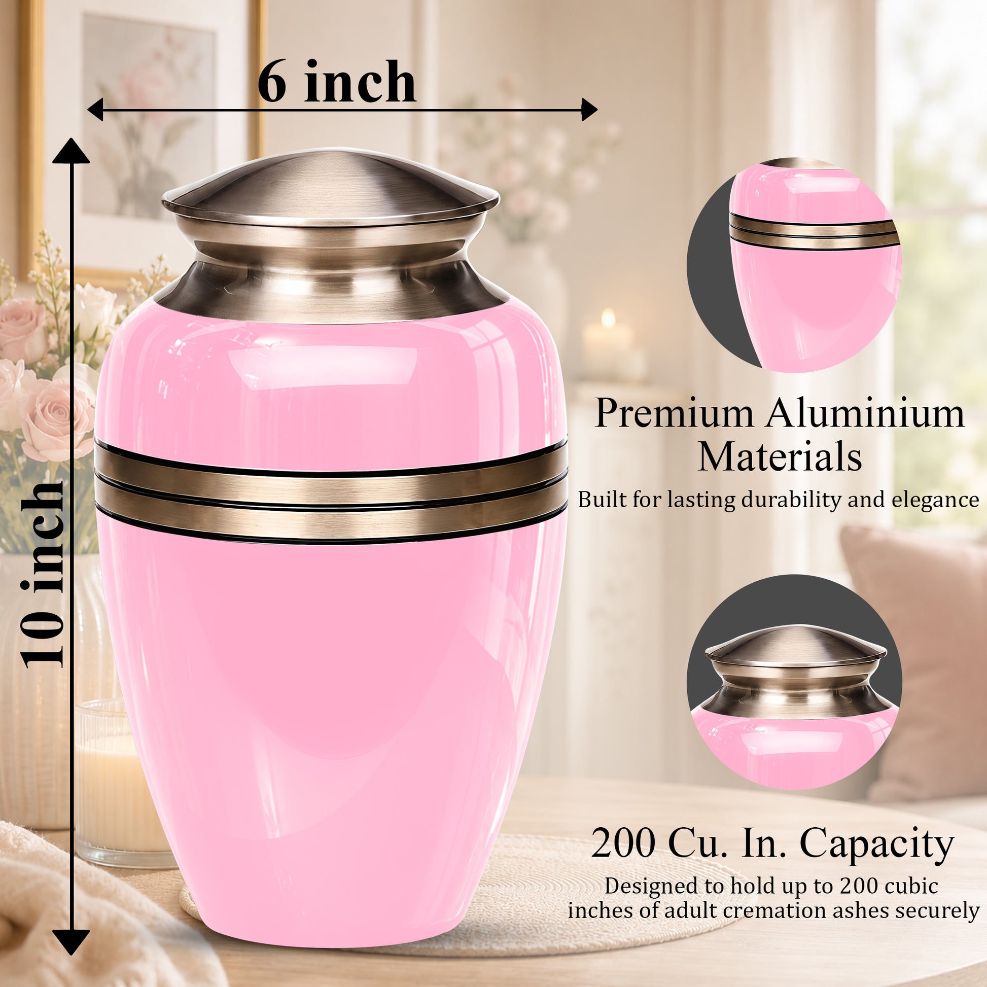Personalized Pink Color Cremation Urn - 10" Aluminium Urns For Mom Ashes