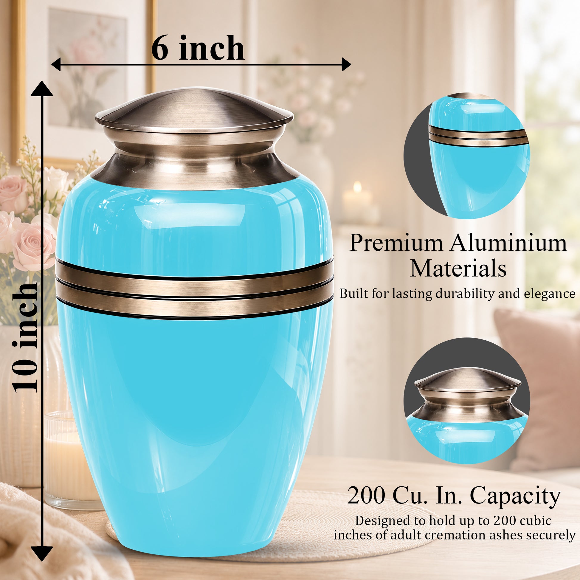 Personalized Sky Blue Cremation Urn - 10" Funeral Urns For Human Ashes