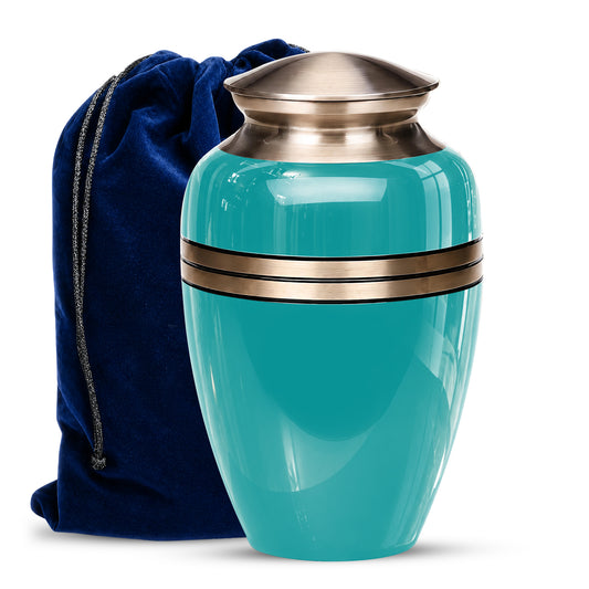 Turquoise Color Funeral Urn for Ashes 10 Inch Aluminum Cremation Urn