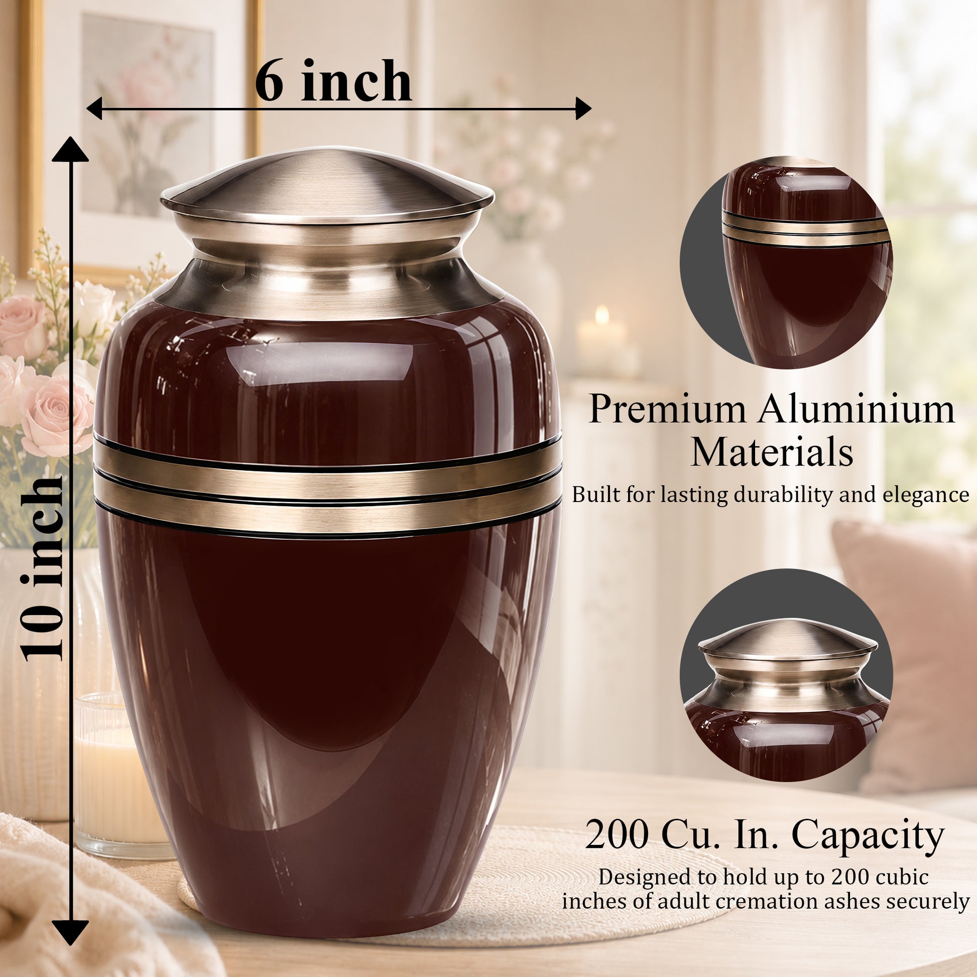Personalized Rosewood Brown Memorial Urn - 10" Funeral Urn For Human Ashes