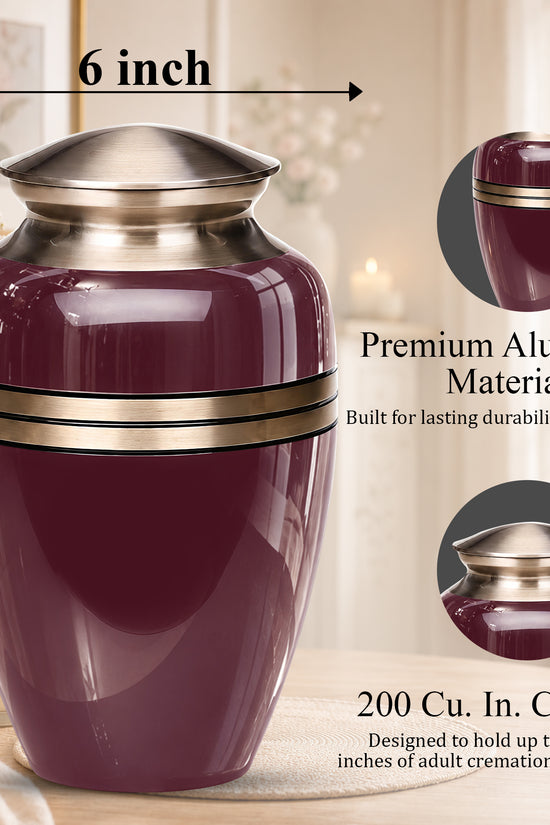 Burgundy Memorial Urn for Ashes | 10 Inch Aluminum Cremation Urn