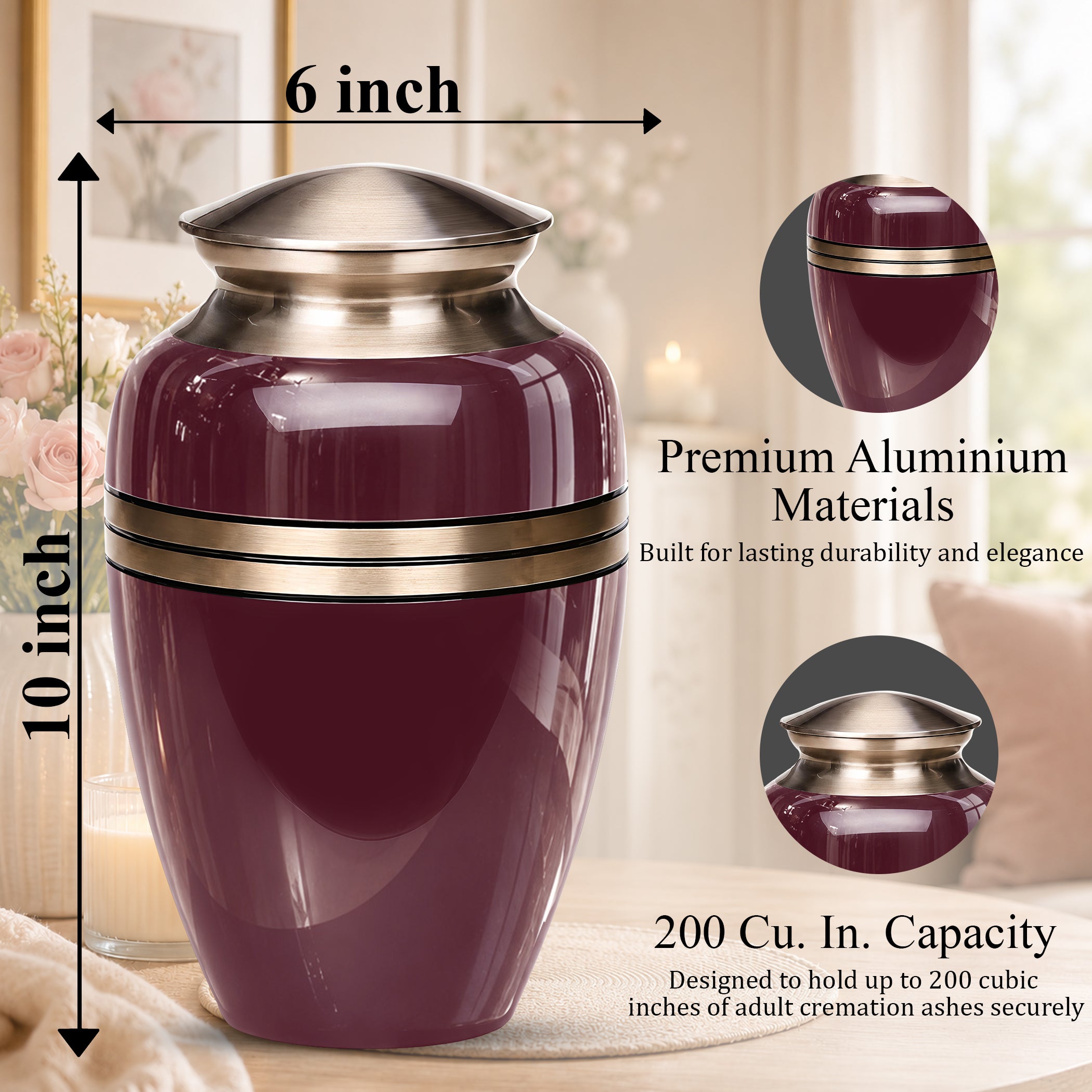 Custom Burgundy Memorial Urn for Ashes | 10 Inch Aluminum Cremation Urn
