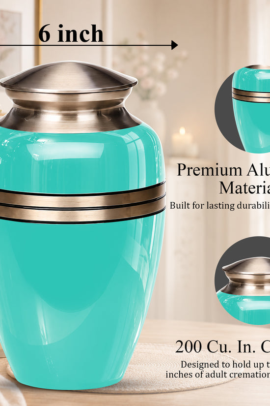 Aqua Blue Memorial Urn for Adult Human Ashes | 10 Inch Aluminum Urn