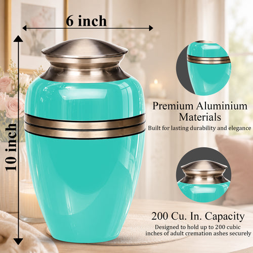Aqua Blue Memorial Urn for Adult Human Ashes | Custom 10 Inch Aluminum Urn