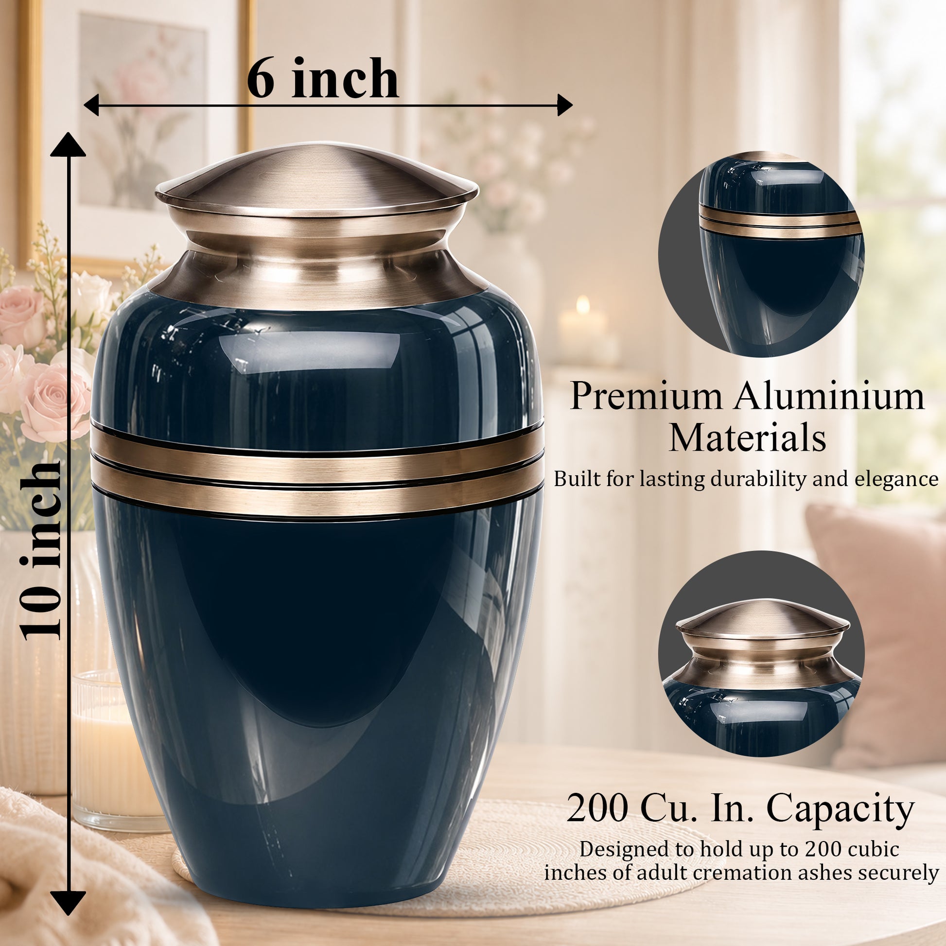 Midnight Blue Memorial Urn for Ashes | 10 Inch Aluminum Urn