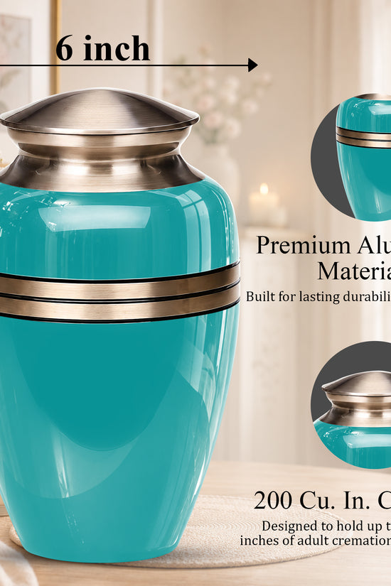 Turquoise Color Funeral Urn for Ashes 10 Inch Aluminum Cremation Urn