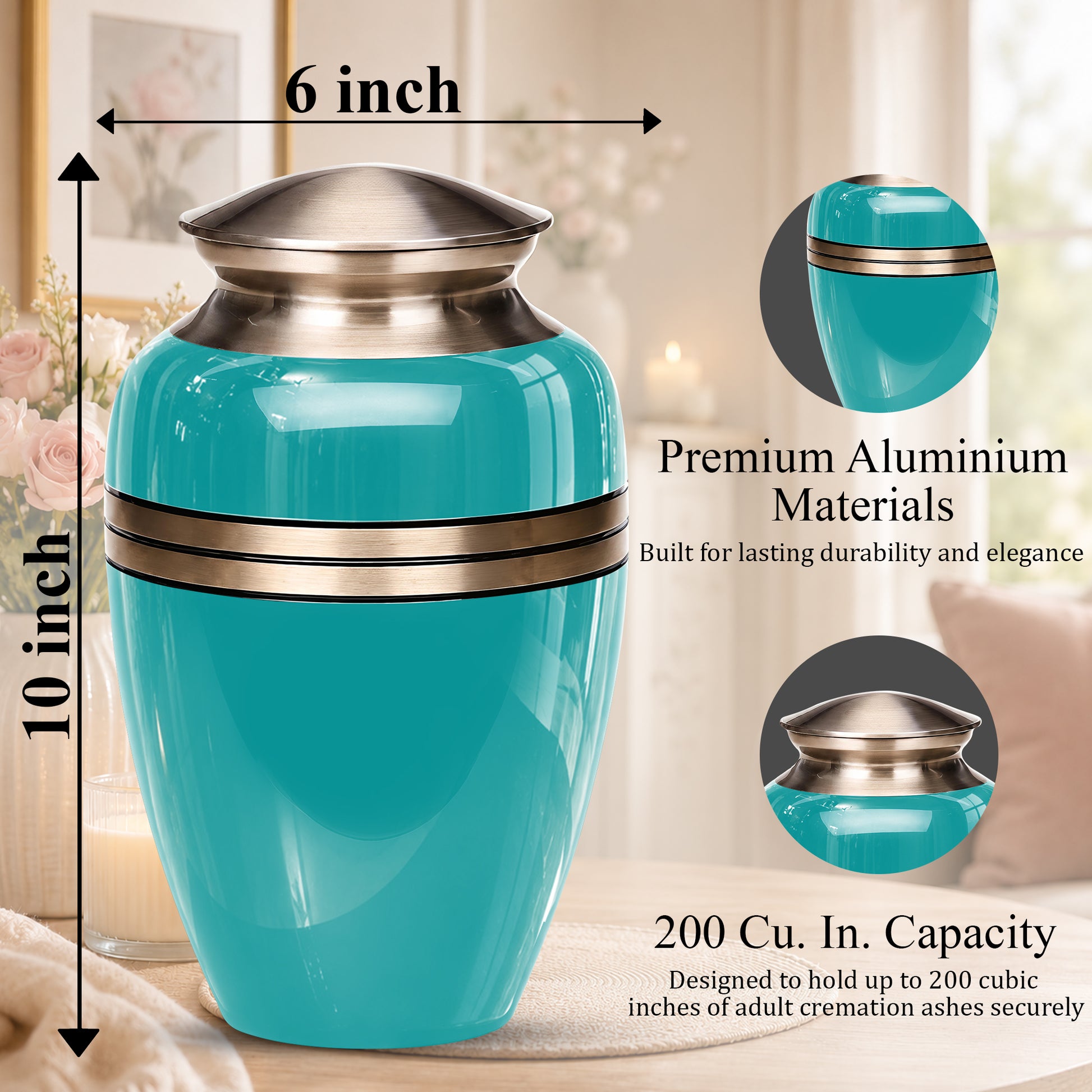 Turquoise Color Funeral Urn for Ashes 10 Inch Aluminum Cremation Urn