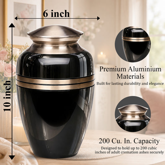 Black Memorial Urn for Ashes | 10 Inch Aluminum Cremation Urn