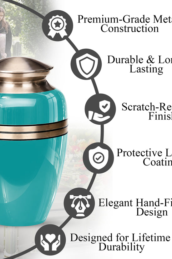 Turquoise Color Funeral Urn for Ashes 10 Inch Aluminum Cremation Urn