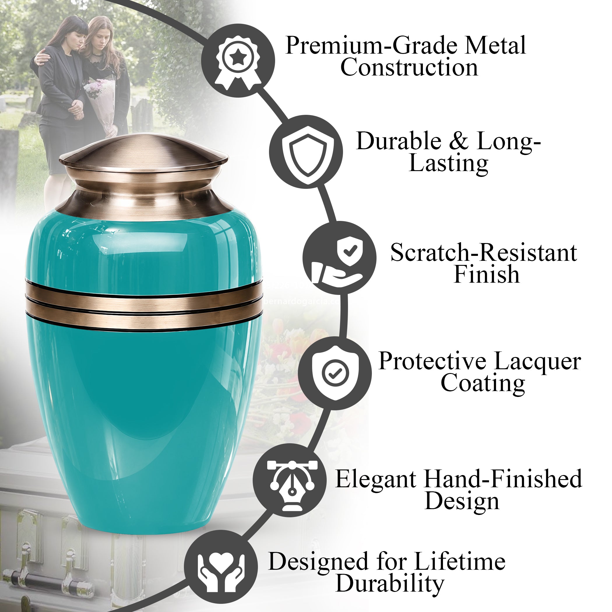 Turquoise Color Funeral Urn for Ashes 10 Inch Aluminum Cremation Urn