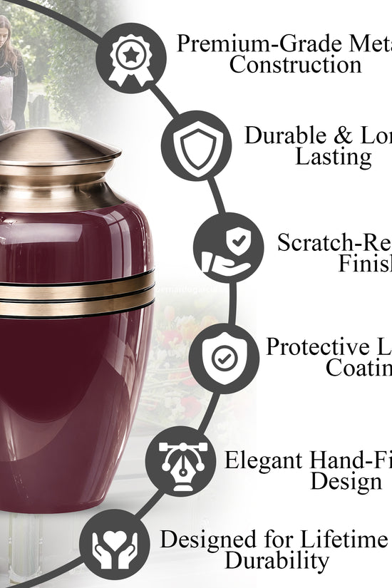 Burgundy Memorial Urn for Ashes | 10 Inch Aluminum Cremation Urn