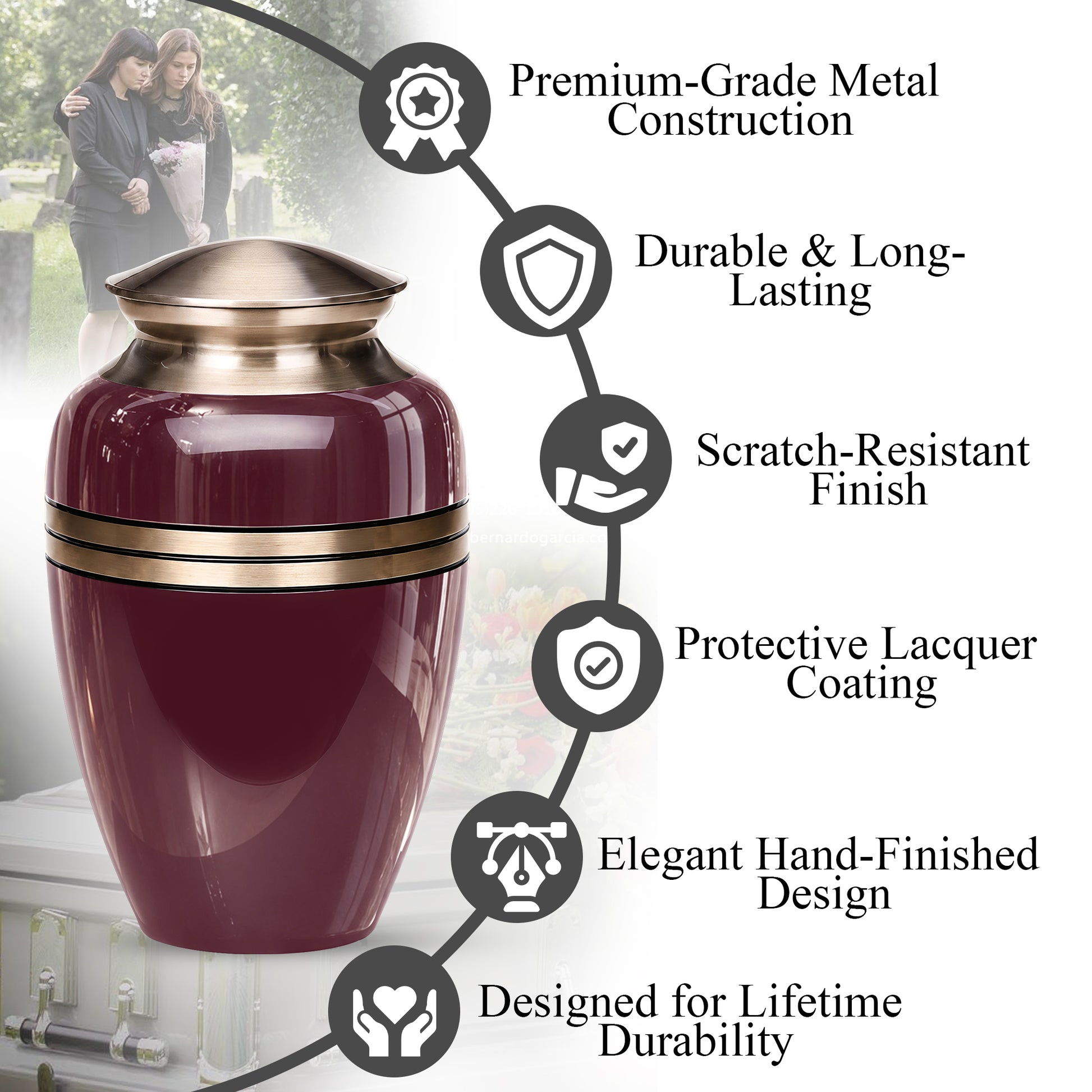 Burgundy Memorial Urn for Ashes | 10 Inch Aluminum Cremation Urn