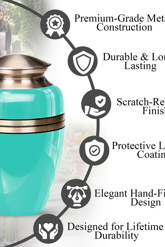 Aqua Blue Memorial Urn for Adult Human Ashes | 10 Inch Aluminum Urn