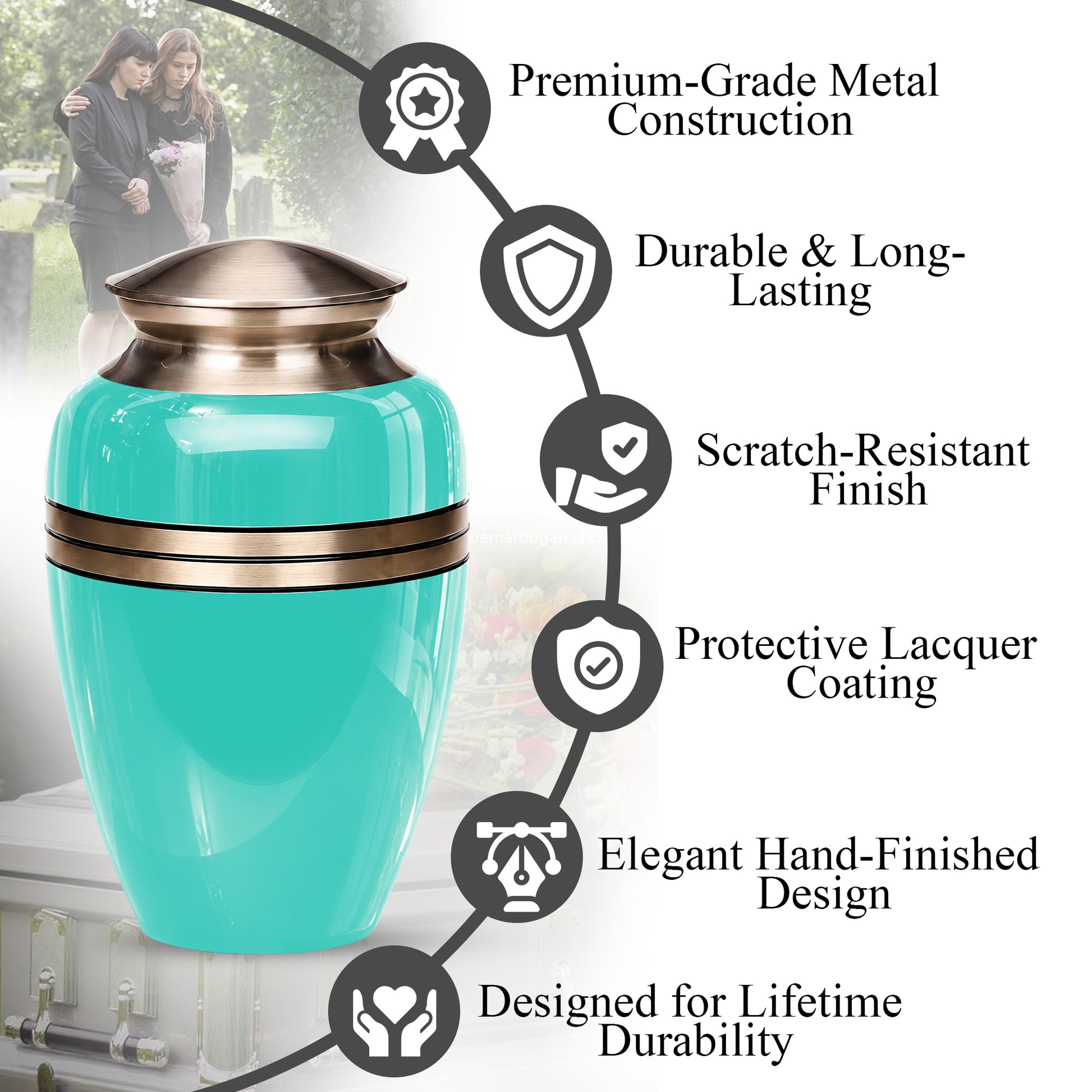 Aqua Blue Memorial Urn for Adult Human Ashes | 10 Inch Aluminum Urn